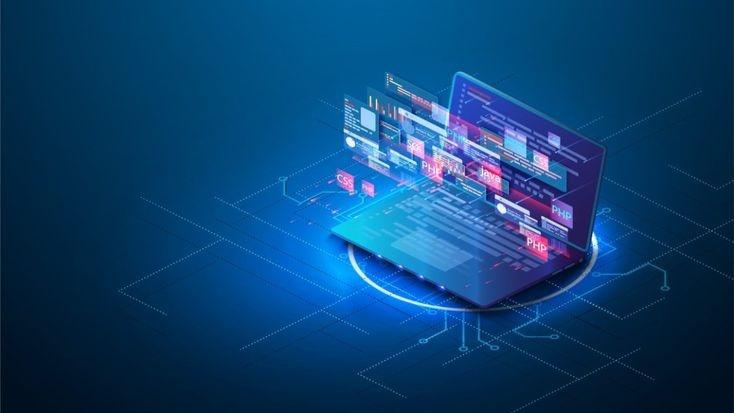 Mobile app project planning workspace with devices and development tools